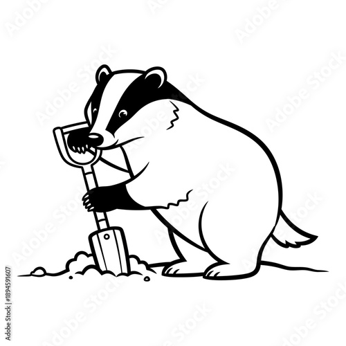 Badger Digging with Shovel Cartoon Illustration.