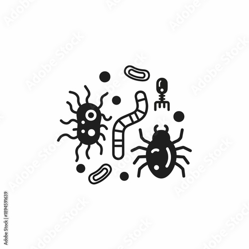 Black and White Group of Microbes and Insects Icon