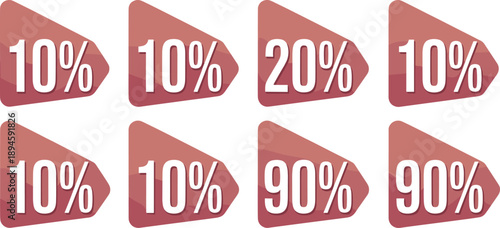 Set of red percentage discount labels isolated on transparent background
