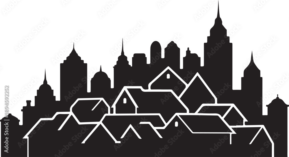 Fototapeta premium City Skyline with Houses and Buildings in Black Silhouette