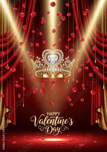 Happy Valentines Day with Golden Crown and Falling Rose Petals on Stage