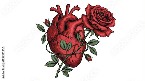 Anatomical heart with red rose and green leaves and stems  symbol of love and health