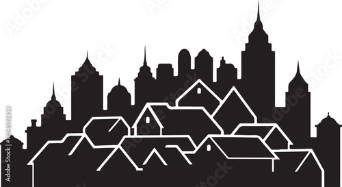 City Skyline with Houses and Buildings in Black Silhouette