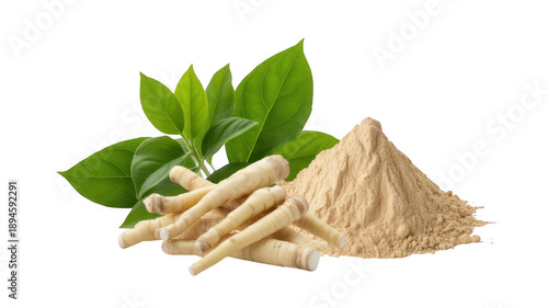 Ashwagandha Roots, Leaves, and Powder herbal isolated on a transparent background