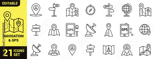Navigation and GPS icon set with location pin, directional signpost, compass, globe, satellite dish, folded map, and geolocation tracking symbols