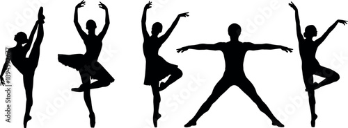 Set of five black silhouettes of male and female ballet dancers performing elegant classical poses isolated on white background.