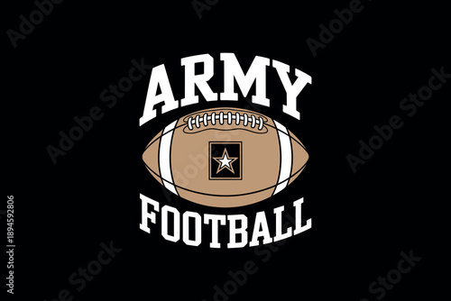 Bold army football design with symbol and text on black background for military sports
