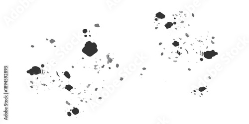A grunge vector illustration featuring a pattern of black ink splats, blots, and splashes with liquid drips and spray spots as artistic design elements on a white silhouette shape