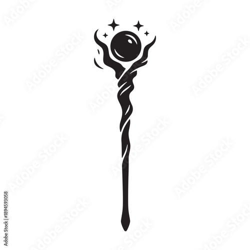 A mystical staff with a crystal ball and stars silhouette vector shilhoutte icon use as a symbol, web graphic design, and infographic icon