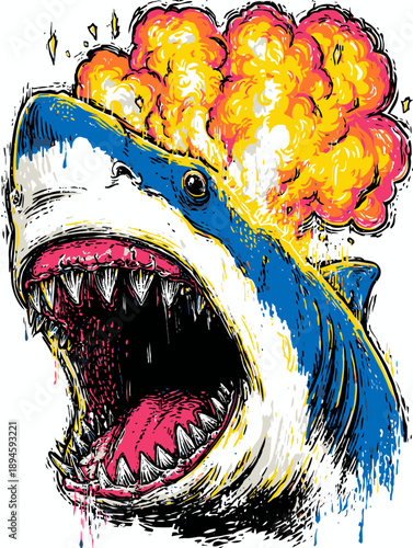 Surreal Ocean Predator Artwork Featuring a Flaming Blue Shark