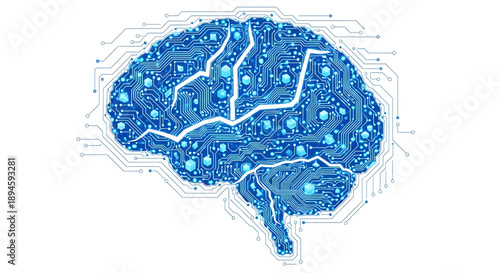 Circuit board brain illustration with blue electronic components and white lines on a white background symbolizing artificial intelligence and technology