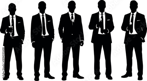Vector collection of five businessman silhouettes in suits holding microphones and drinks standing ready for corporate event presentations and hosting.
