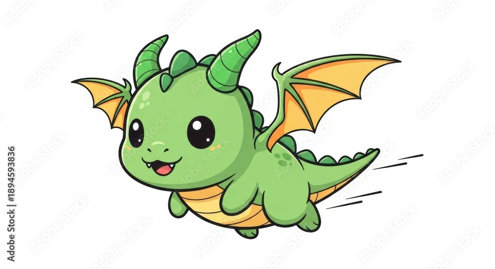 Obraz premium A cute cartoon dragon is flying through the air with a happy expression
