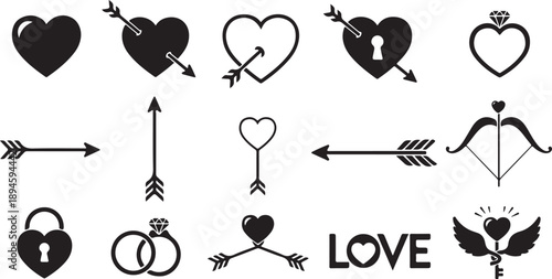 Romantic Love Icons and Valentine Symbols Silhouette Set

Heart Arrow and Wedding Ring Graphic Design Elements