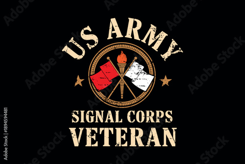 Us army signal corps veteran insignia on dark background with military symbols and gold stars