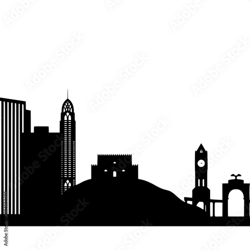 Minimal black silhouette of Riyadh city skyline, featuring Kingdom Centre Tower cutout, modern skyscrapers and mosque domes, flat vector style, white background, clean edges