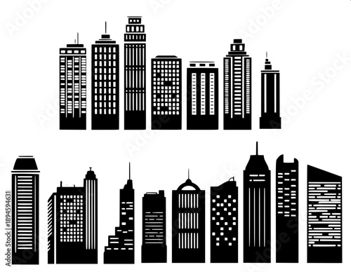 Minimal black silhouette of Riyadh city skyline, featuring Kingdom Centre Tower cutout, modern skyscrapers and mosque domes, flat vector style, white background, clean edges