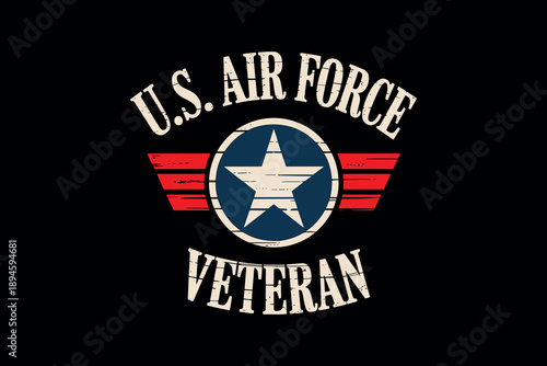 Military insignia featuring a vintage star and wings design with bold red and blue accents on a black background