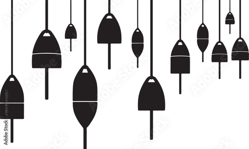 Black fishing buoys hanging on white background illustration