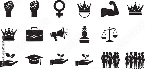 Women Empowerment Icons Set for Gender Equality and Rights

Feminism Symbol Collection with Fist Crown and Scales

Girl Power Icons for Leadership Career and Education