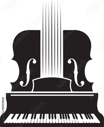 A black and white vector of a cello placed on top of a piano keyboard representing music art and classical instruments