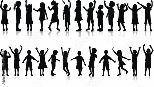 Collection of happy children silhouettes dancing and celebrating