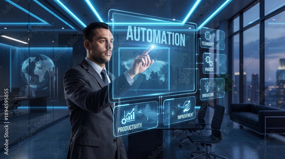 Obraz premium Businessman interacting with futuristic automation interface in modern office with blue neon lighting for technology