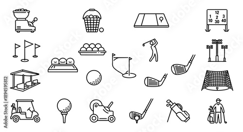 Golf practice facility icon set with driving range, ball machine, and net