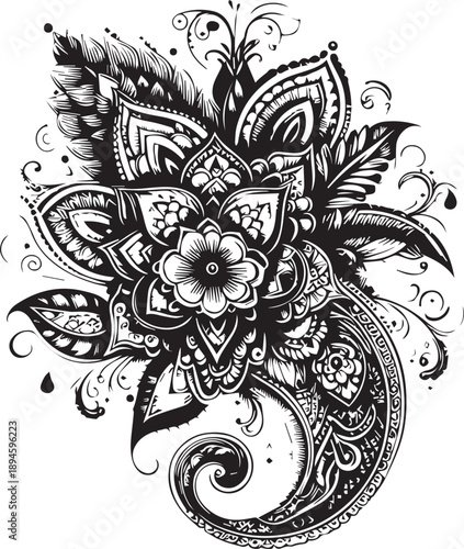 Black and White Mehndi Design Vector | Intricate Henna Art Illustration