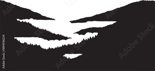 Monochromatic landscape with mountains and serene lake silhouette