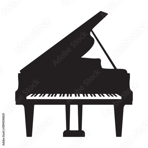 A musician plays a grand piano in silhouette against a white background vector shilhoutte icon use as a symbol, web graphic design, and infographic icon