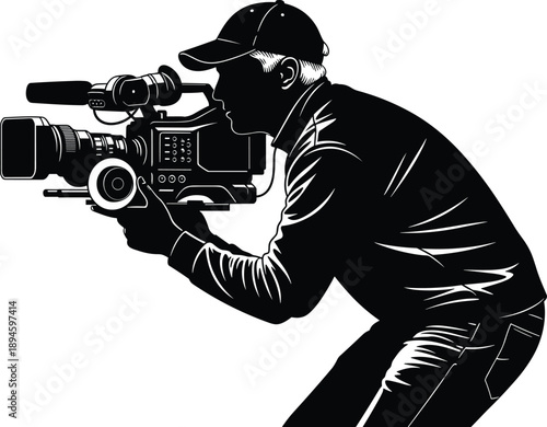 Black silhouette of a professional cameraman holding a video camera filming isolated on white background for movie production television broadcasting and journalism media concept (24 words)