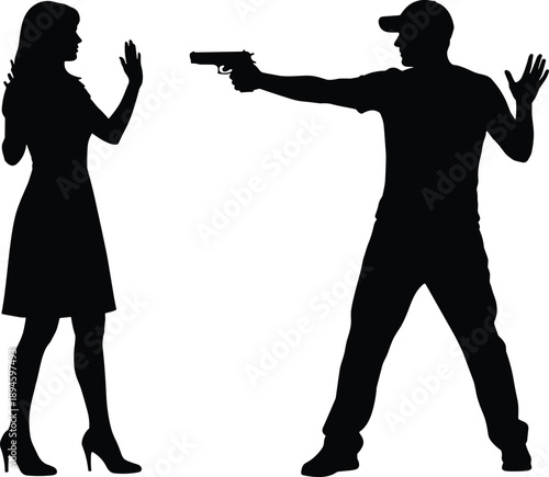 Black silhouette of an armed criminal attacking a woman with a knife while she records the crime with her smartphone isolated on white background (24 words)