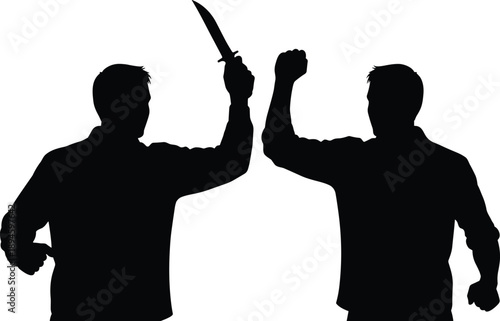 Black silhouette of two men in a physical fight with one man attacking with a knife and the other defending isolated on white background (24 words)
