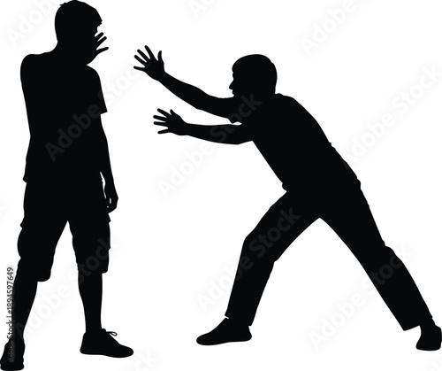 Black silhouette of two men in a dramatic confrontation with one man reaching out and the other defensive isolated on white for conflict concept (24 words)