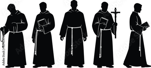 Black silhouette set of catholic monks and priests in traditional robes holding a cross bible and rosary beads isolated on a white background (23 words)