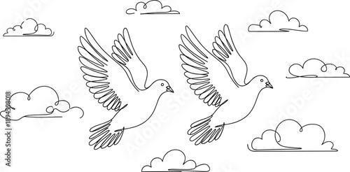 Continuous One Line Drawing of Two Doves Flying in the Sky with Clouds Minimalist Spiritual Symbol of Peace Hope and Freedom in Modern Black Outline Style