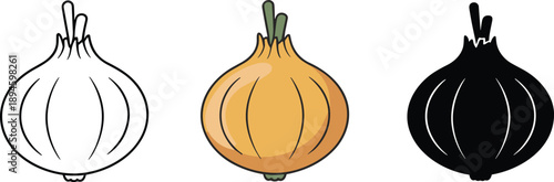 Onion icon set illustration, white yellow black onion symbols, simple vegetable design, flat vector food graphic isolated on white