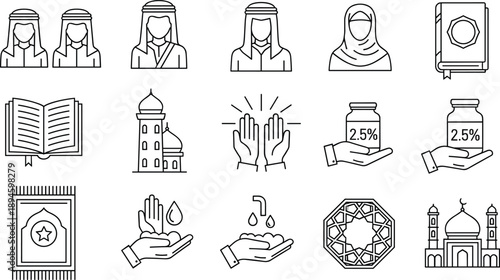 Islamic Religious Icon Set Featuring Muslim Characters Zakat Charity Mosque Architecture Quran Prayer Ritual and Wudu Ablution in Minimalist Black Line Art Style
