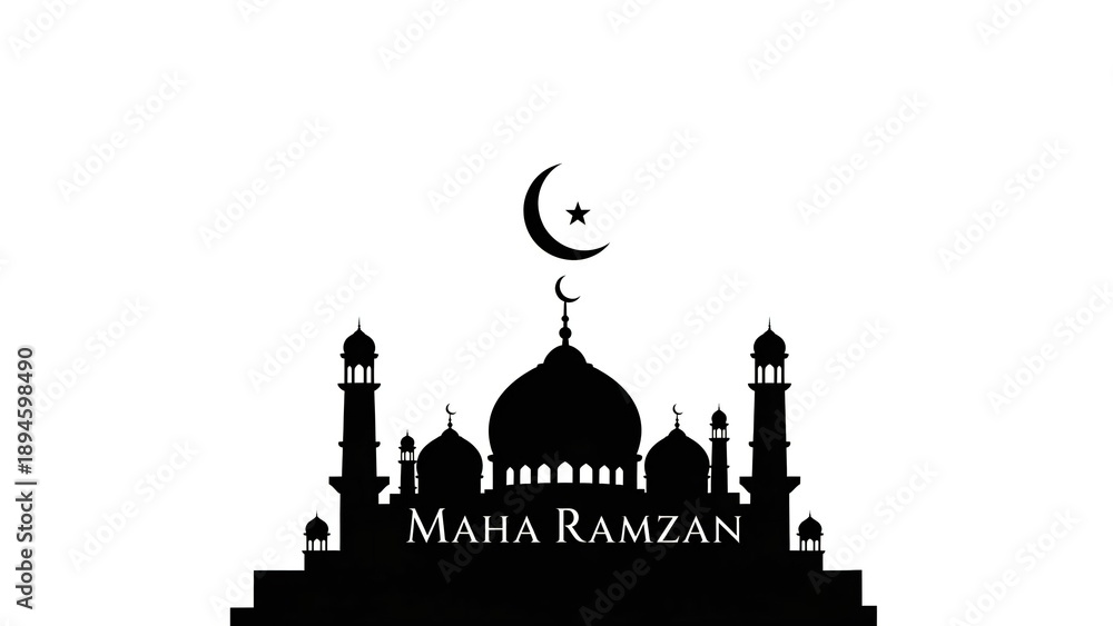 Fototapeta premium A classic Islamic illustration of a mosque silhouette with minarets under a crescent moon, representing peace, worship, and community during Ramadan and Eid. The balanced composition and clean design 