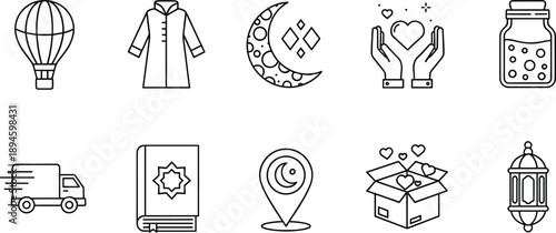 Islamic Religious Icon Set Featuring Ramadan Lantern Quran Holy Book Prayer Ritual Clothing and Charity Symbols in Minimalist Thin Black Line Art Style