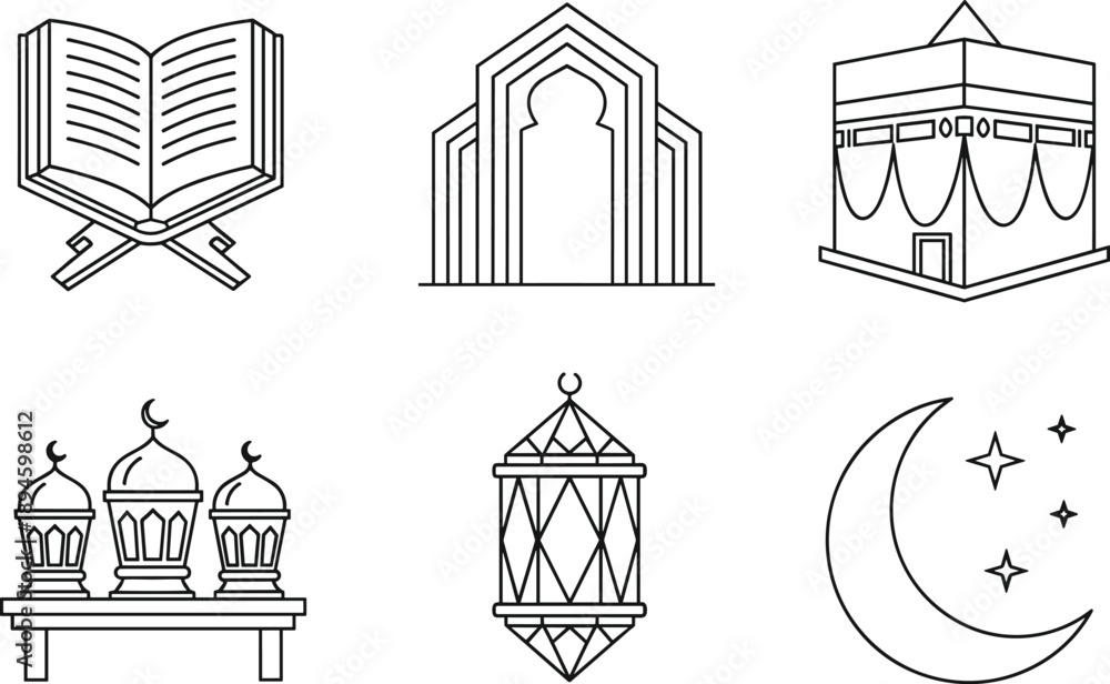 Fototapeta premium Islamic Symbolic Icon Set Featuring Open Quran on Rehal Kaaba Architecture Mosque Domes Ramadan Lantern and Crescent Moon with Stars in Modern Outline Style