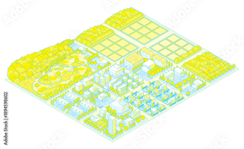 街並みの立体図. 都市の景観. アイソメ図で描いた都市.