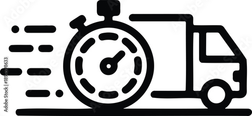 Black delivery truck with stopwatch and motion lines isolated on white background transport speed