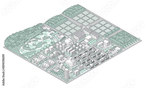 街並みの立体図. 都市の景観. アイソメ図で描いた都市.