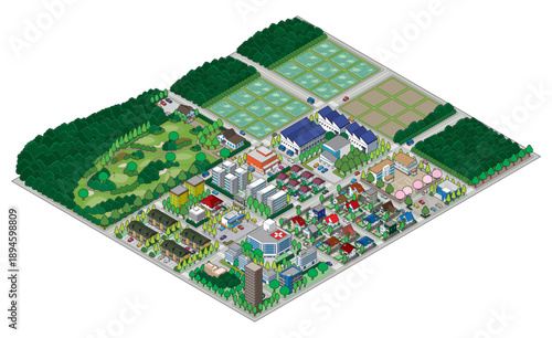街並みの立体図. 都市の景観. アイソメ図で描いた都市.