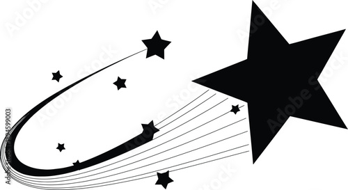 Black star trail with multiple stars isolated on white background shooting streak