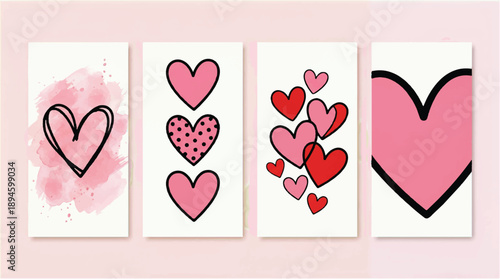 Four white cards with pink and red hearts on a pink background for Valentines Day or love themed designs