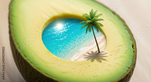 Creative surreal avocado half with tropical beach and palm tree