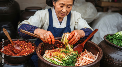 Senior Korean woman preparing traditional homemade cabbage kimchi